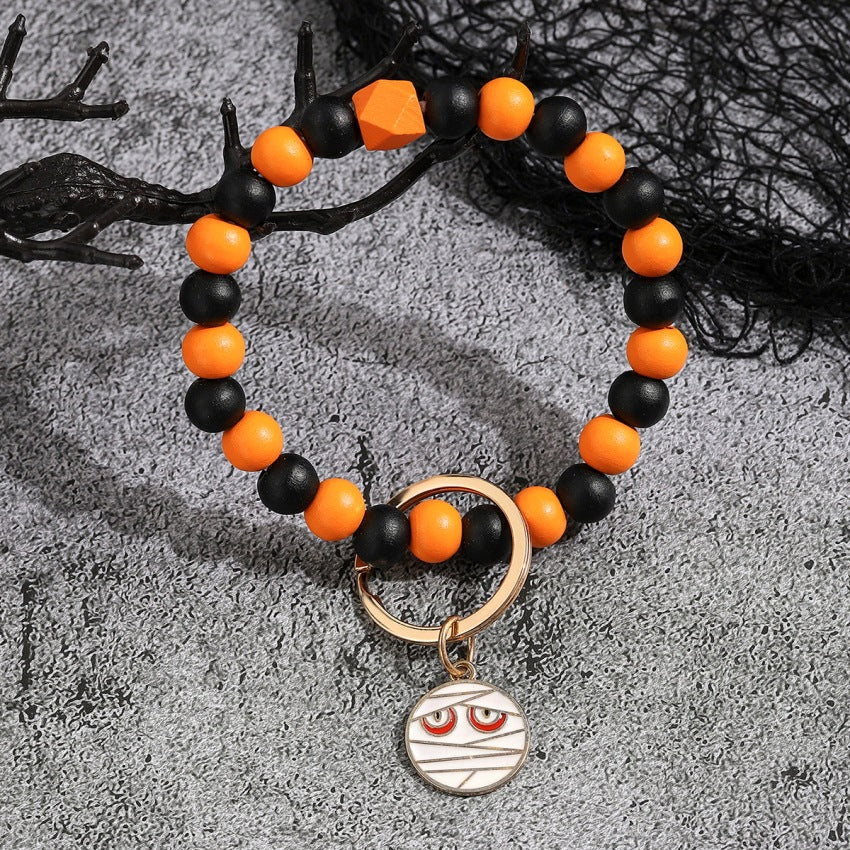 Wholesale Halloween Pumpkin Wooden Beaded Wrist Keychain
